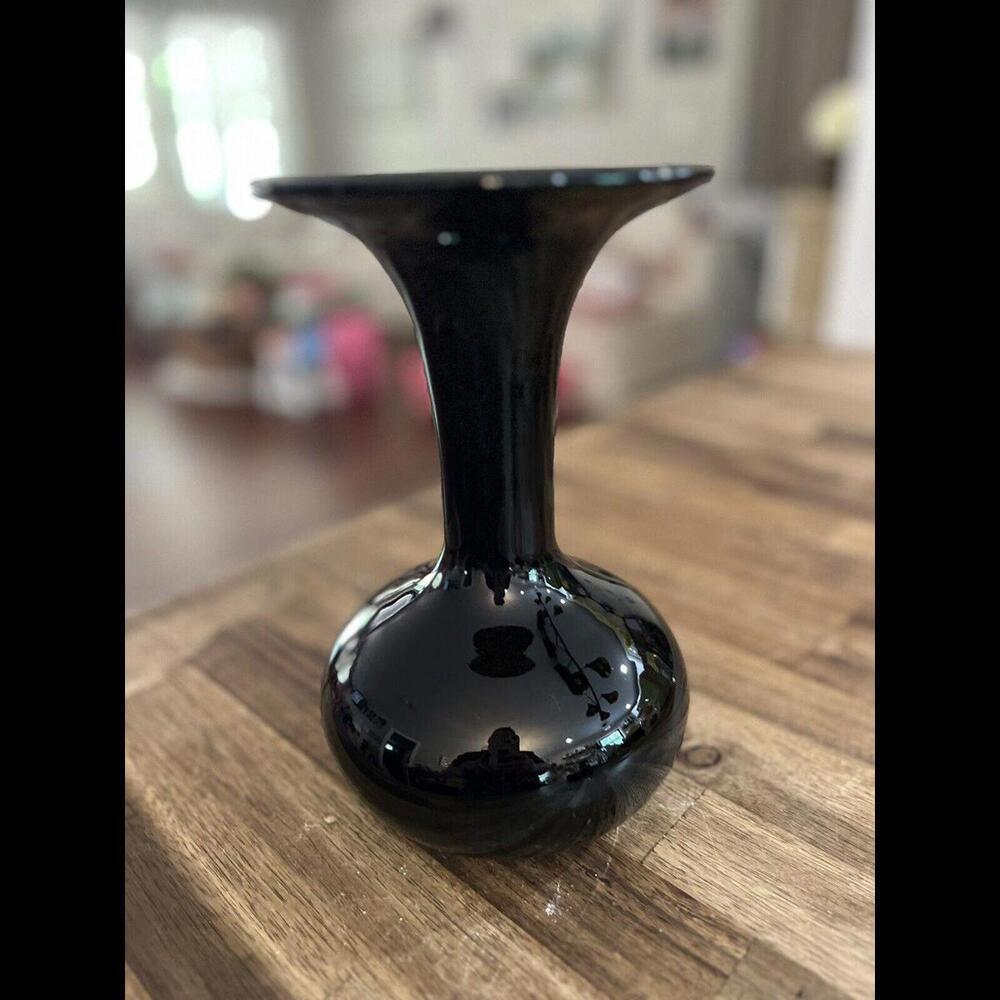 Vintage Mid Century Black Ruby Glass Vase Trumpet Shape 8 5/8" High Retro